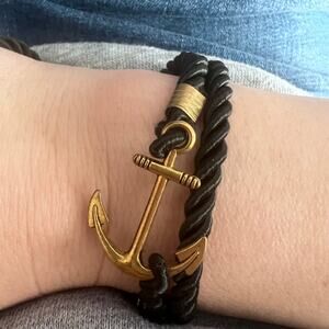 Black rope cord and gold tone anchor nautical costal wrap bracelet or necklace